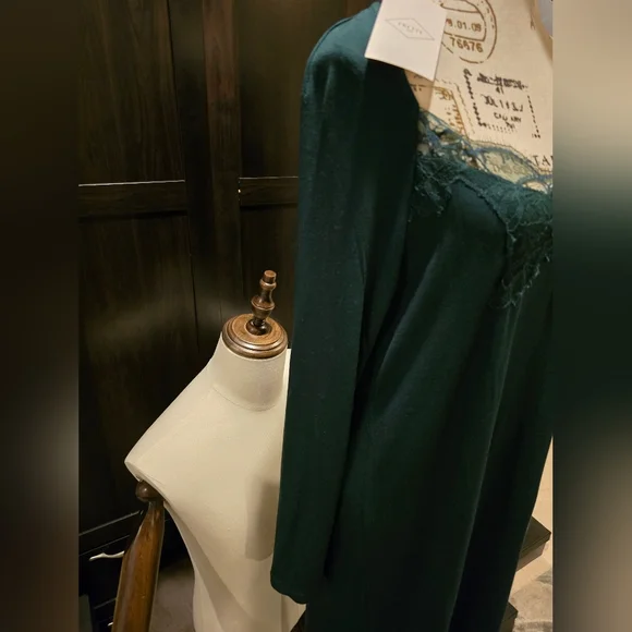 Frette 2024 Fall Nightgown Lingerie New w/Tags Emerald Green W/ Pretty Lace Neck - Picture 4 of 12